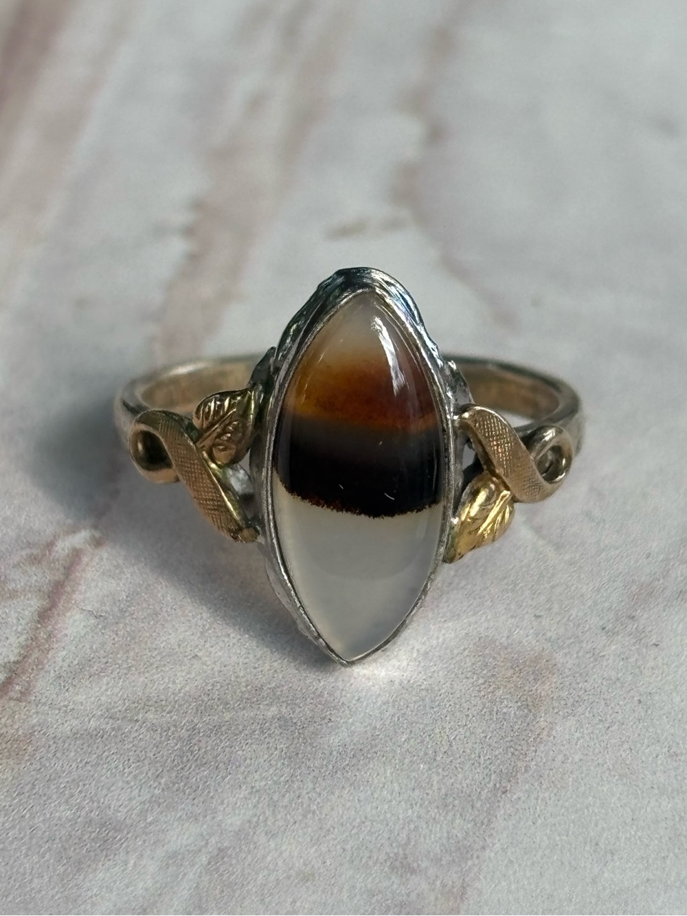 Vintage Clark & Coombs Sterling Silver 10K GF Marquise Banded Agate Ring Sz 6.5 - Picture 2 of 11